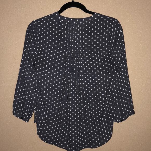NYDJ Dark Academia Preppy Gray Polka Dot 3/4 Sleeve High Low Button Top - Picture 3 of 8